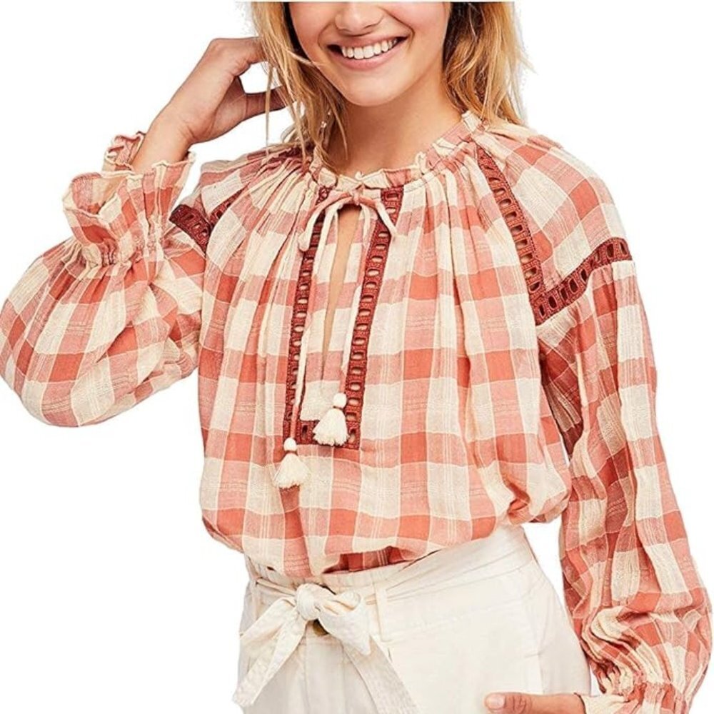 NWT Free People Honey Grove Knit Pink Plaid Long Sleeved Blouse Size M